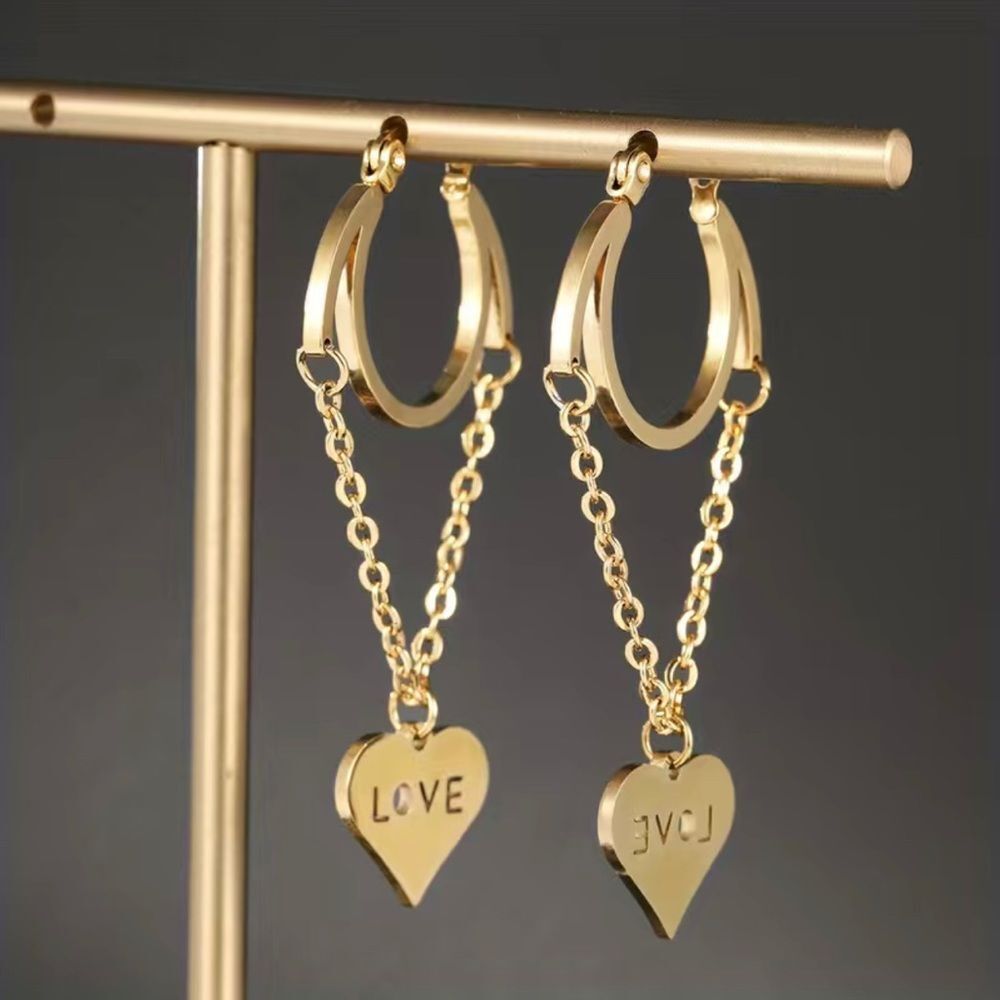 Stainless Steel Unique Heart Love Drop Earrings 18K Gold Plated Jewelry